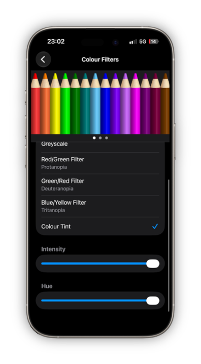 iOS Colour Filters settings with Colour Tint selected and both the Intensity and Hue sliders dragged fully to the right