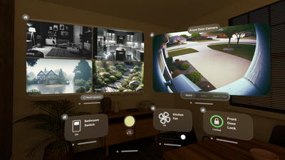 A screenshot of HomeUI running on visionOS showing HomeKit Camera feeds and 2D and 3D controls