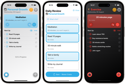 Orbit screenshots showing prioritised daily task lists for personal growth and exercise, and a preview of the app's daily review screen.