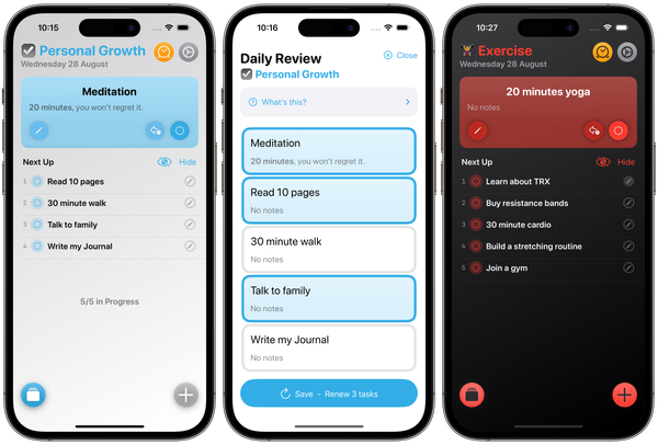 Stylus screenshots showing prioritised daily task lists for personal growth and exercise, and a preview of the app's daily review screen.