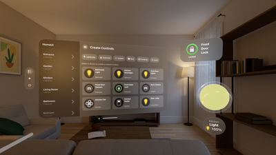 A screenshot of HomeUI running on visionOS showing the main configuration window and several controls